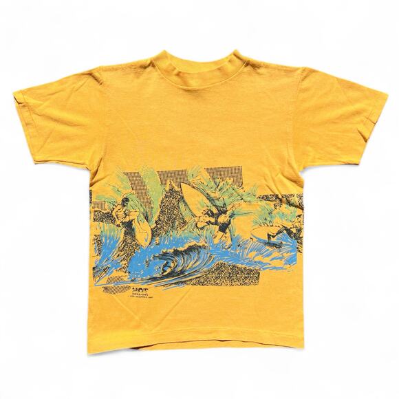 Vintage 80s Hot Sessions Surfing AOP T Shirt Yellow Blue Single Stitch Baby Tee - Picture 1 of 11